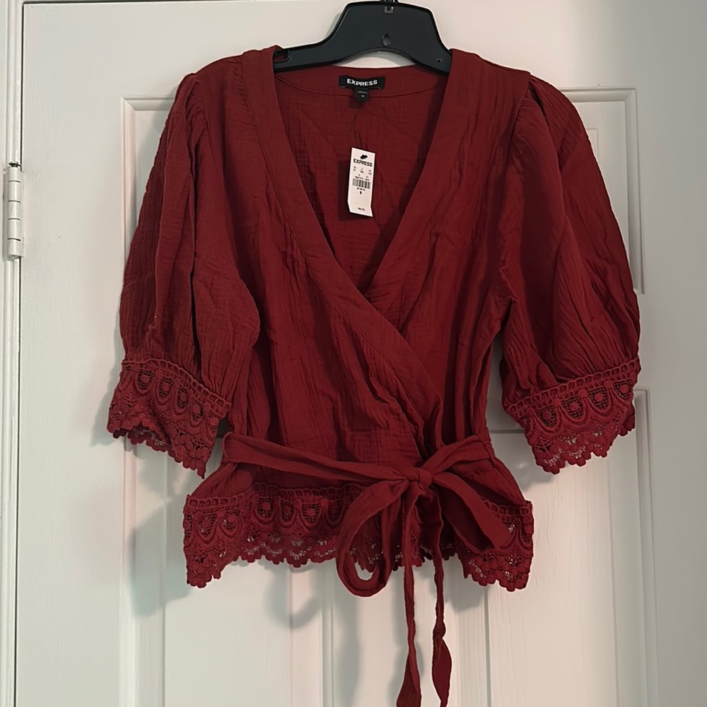 Express lace trim faux wrap top